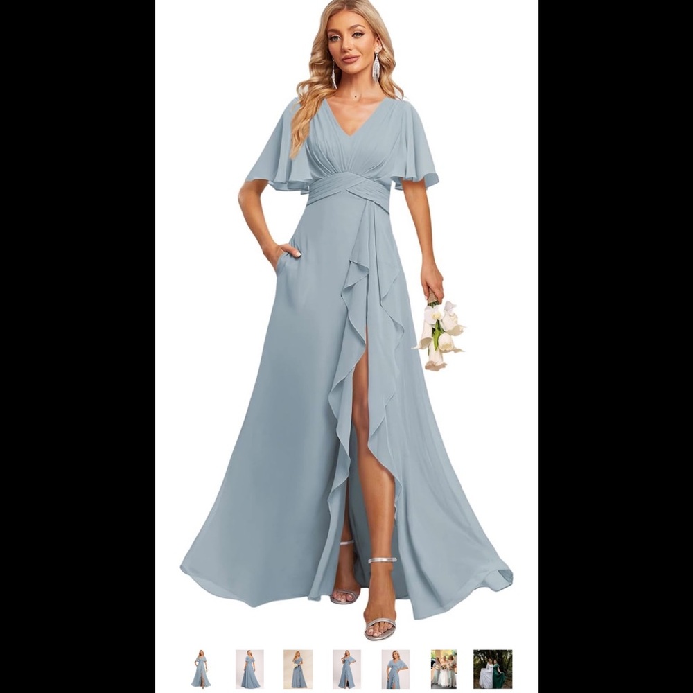NEW WITH TAGS Elegant V-Neck Ruffle Wrap Maxi Dress in Light Blue